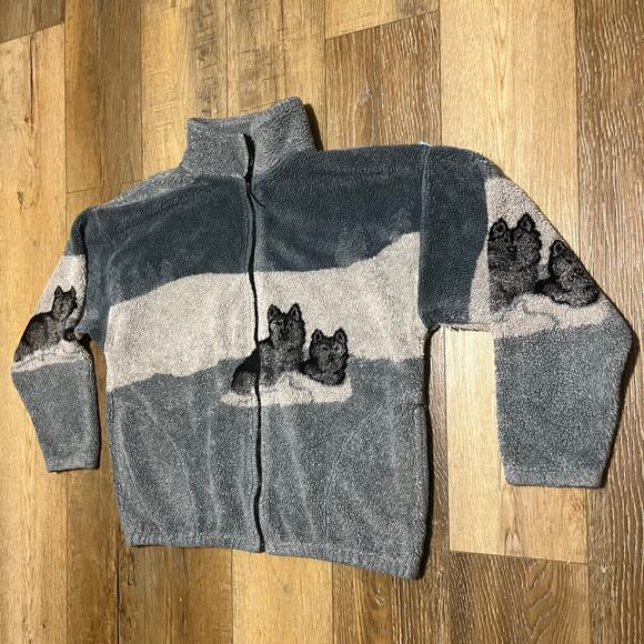 VTG 90s Black Mountain Wolf Fleece Jacket L Gray Wolves Nature AOP  USA Outdoor - Picture 2 of 9